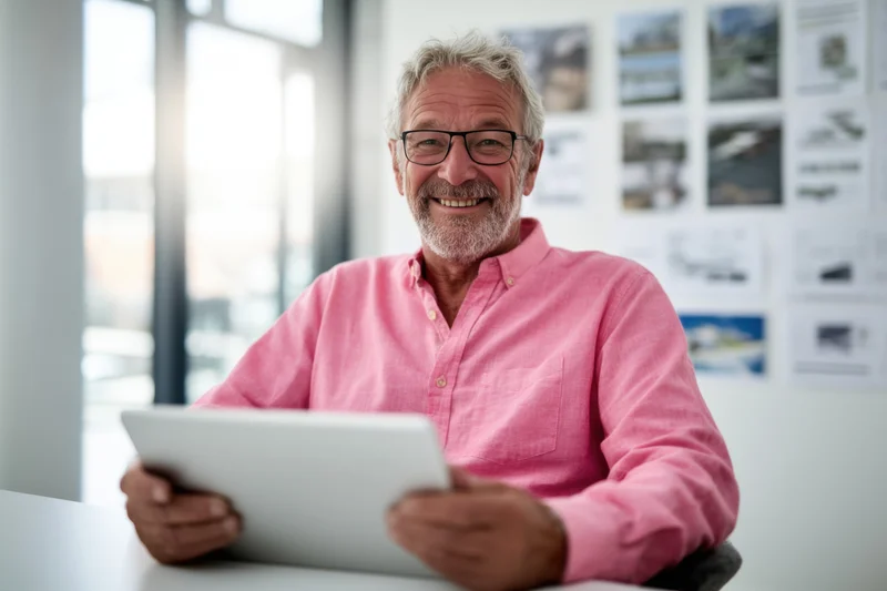 Senior man smiling while holding tablet in modern office workspace