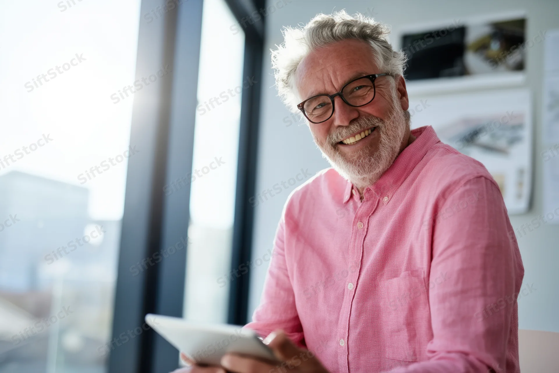 Senior man smiling while holding tablet in office near window