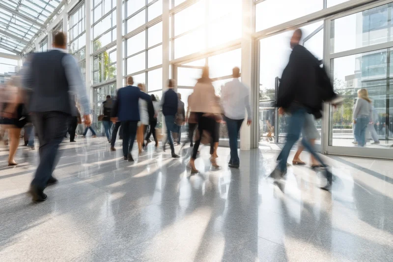 People walking through a modern corporate lobby with glass walls and sunlight streaming in