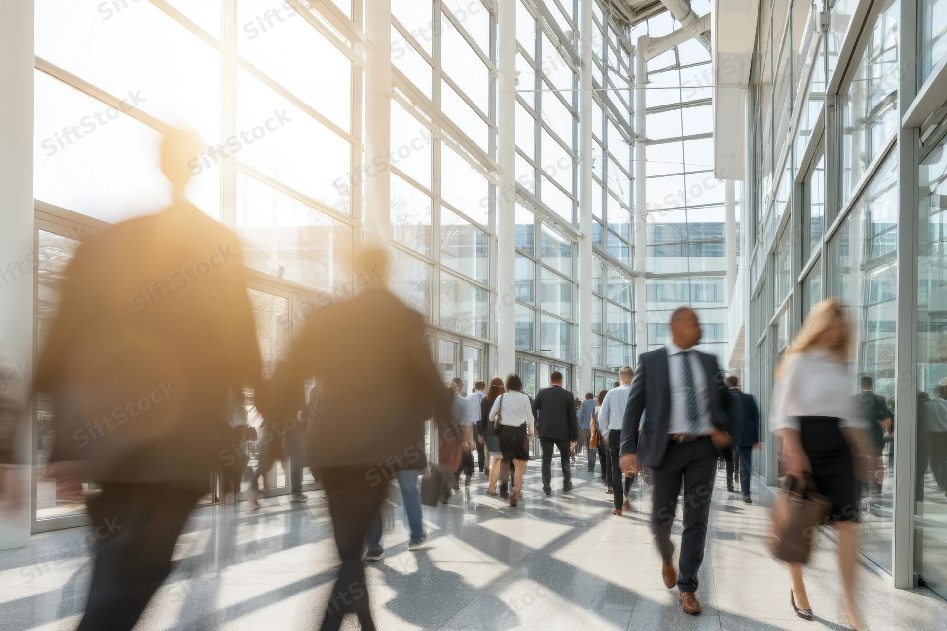 Businesspeople walking through a modern glass-walled corporate lobby with sunlight streaming in