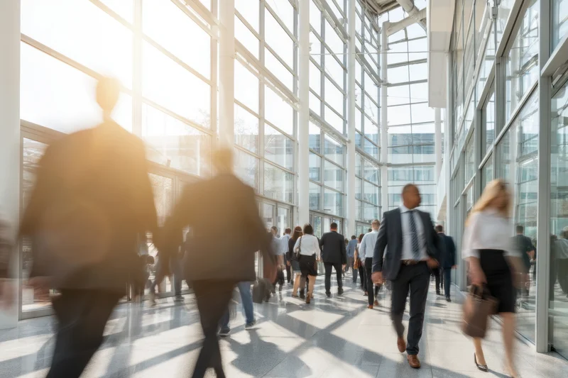Businesspeople walking through a modern glass-walled corporate lobby with sunlight streaming in