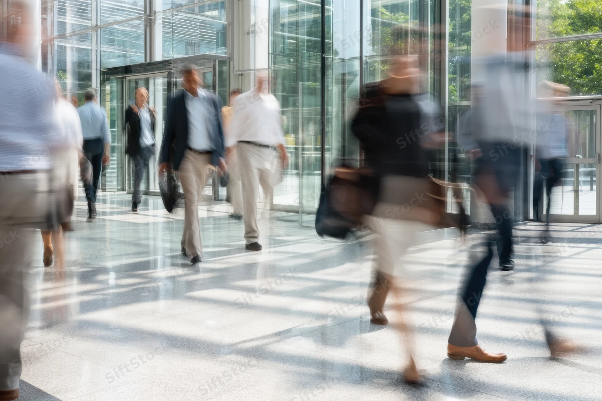 People moving through a modern corporate lobby with glass walls and sunlight streaming in