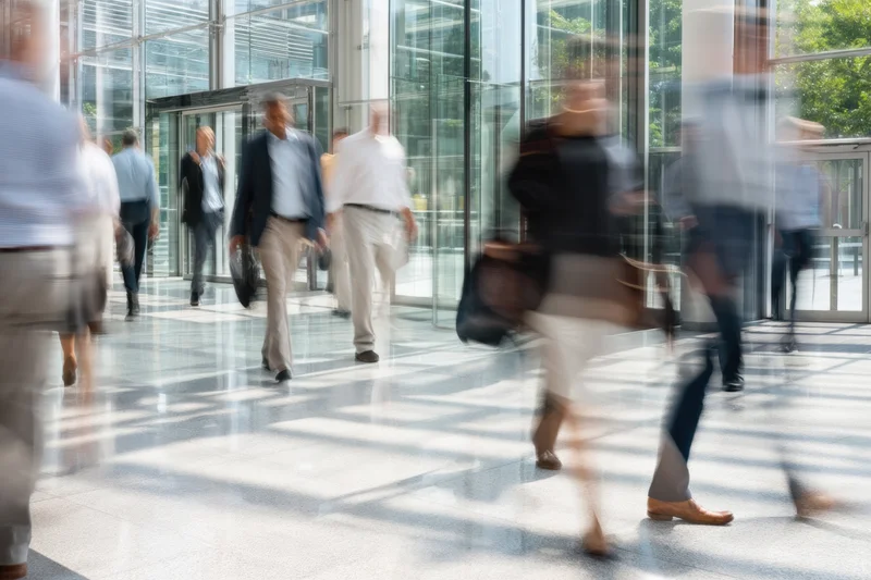 People moving through a modern corporate lobby with glass walls and sunlight streaming in