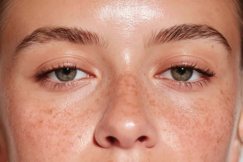 Close-up of a young woman's freckled face with dewy skin and soft pink complexion