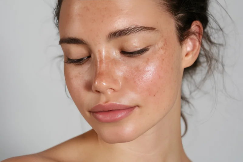 Close-up of a young woman with freckled dewy skin looking downward in a studio setting