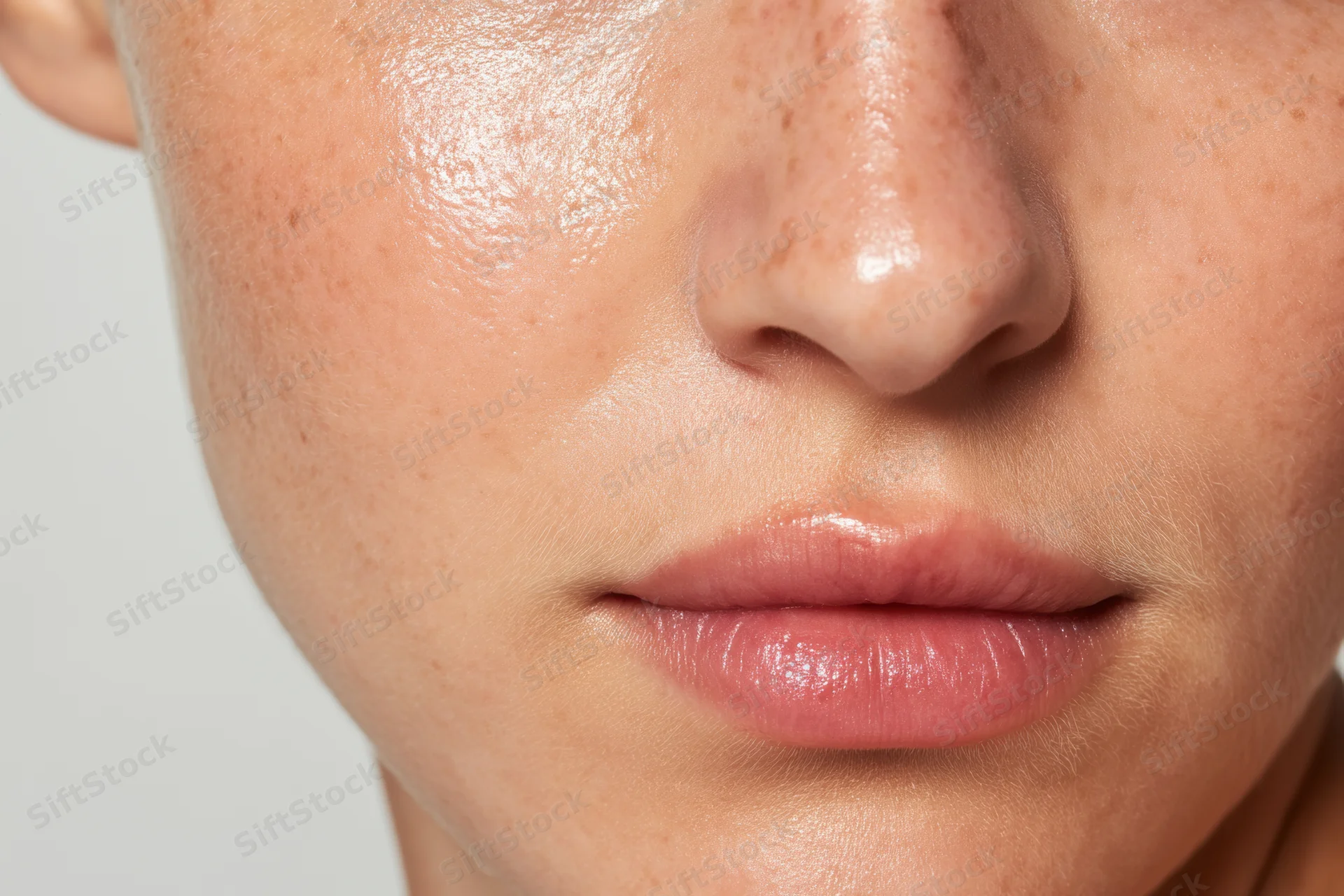 Close-up of a woman's face showing freckled skin with a dewy glow and soft pink lips against a white background