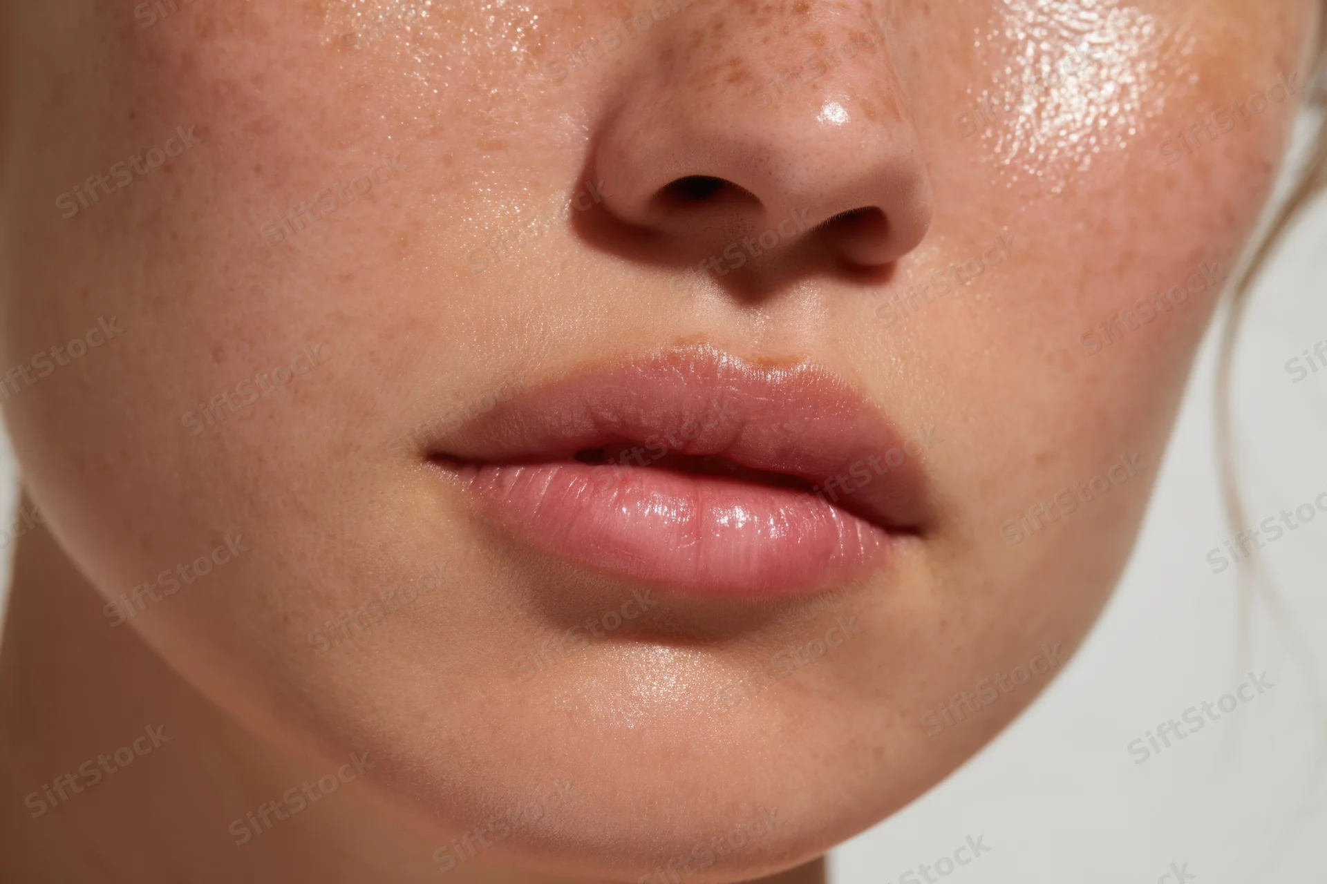 Close-up of a woman's face showing freckled skin and soft pink lips with a dewy glow