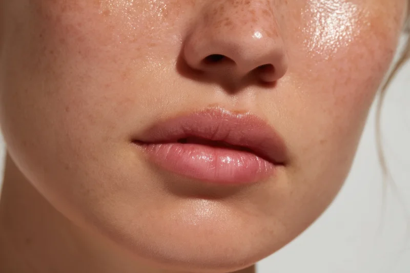 Close-up of a woman's face showing freckled skin and soft pink lips with a dewy glow