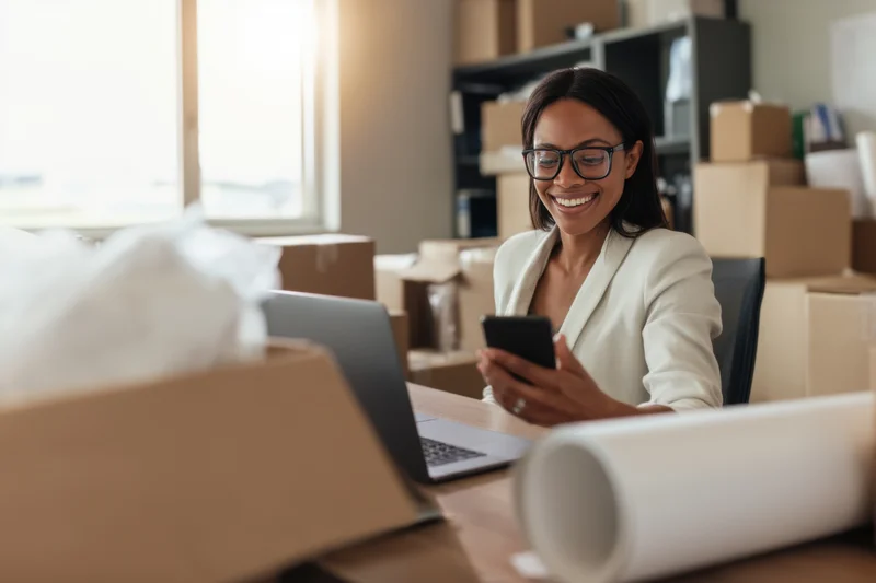 Woman smiling while using smartphone at desk in office surrounded by boxes and laptop