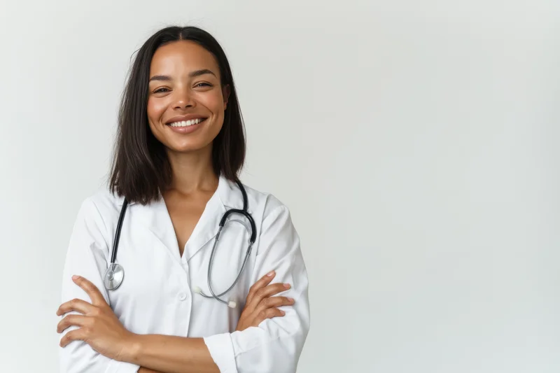 Smiling female doctor in white lab coat with stethoscope arms crossed against plain background