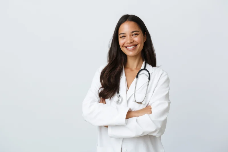 Woman in white lab coat with stethoscope arms crossed smiling confidently