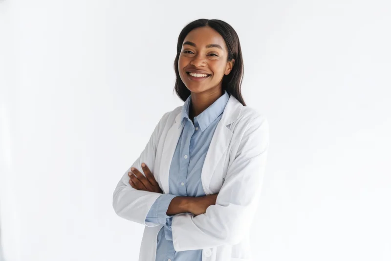 Woman in white lab coat with arms crossed smiling against white background
