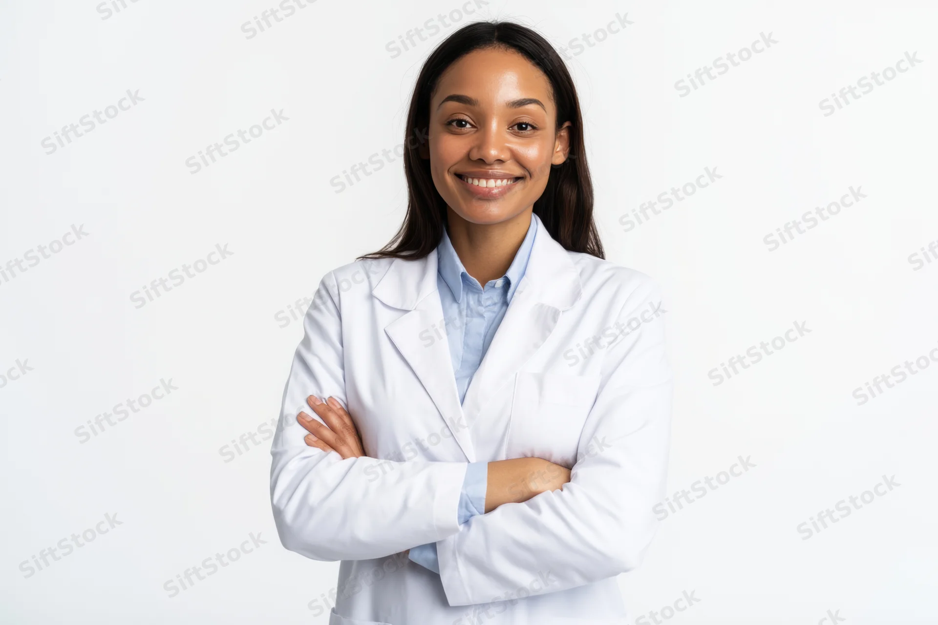 Woman in white lab coat with arms crossed smiling at camera against white background