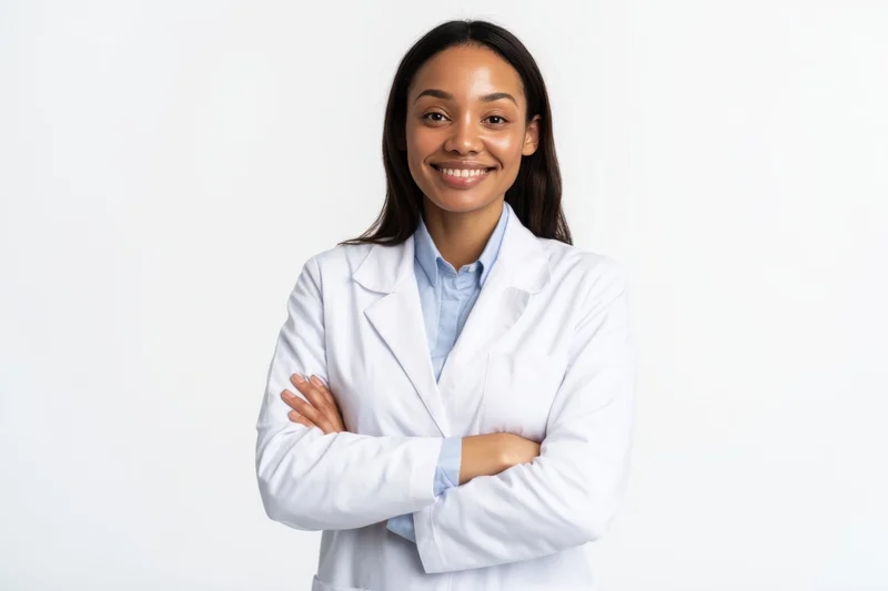 Woman in white lab coat with arms crossed smiling at camera against white background