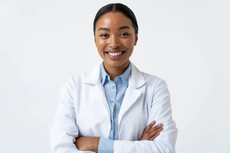 Woman in white lab coat smiling with arms crossed in studio setting