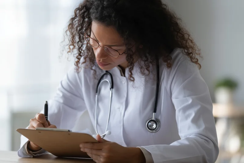 Female doctor writing on clipboard in clinic office