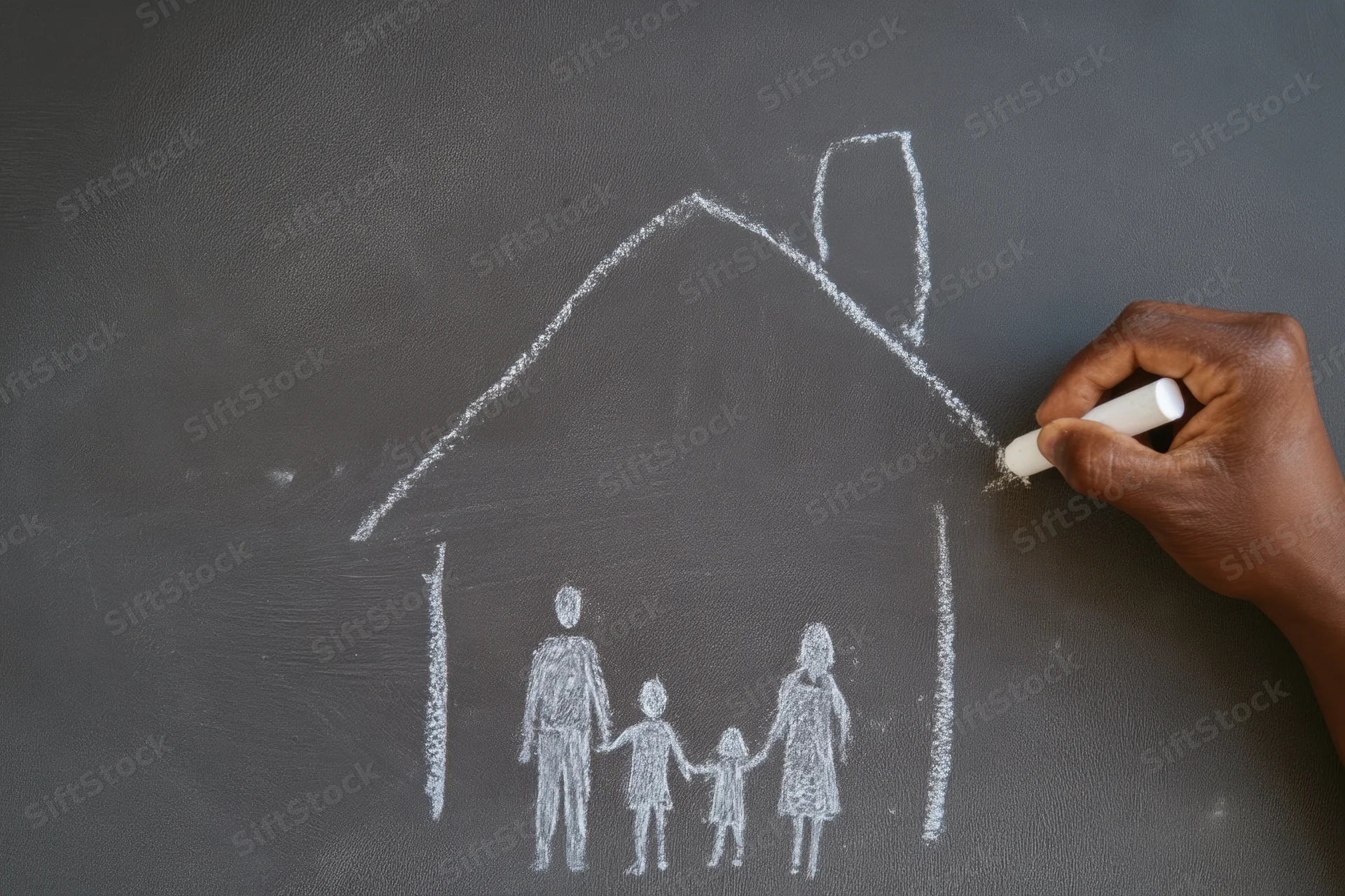 Hand drawing chalk sketch of house roof with family inside on blackboard