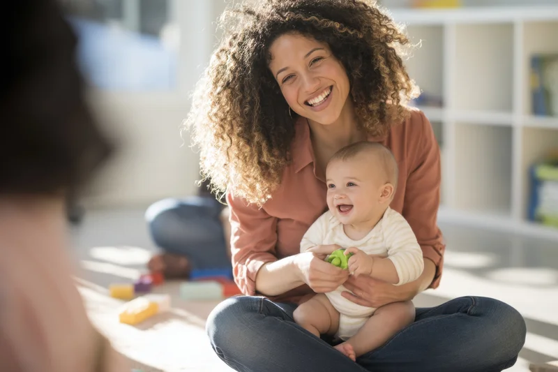 Woman smiling while holding baby on her lap in a sunlit living room