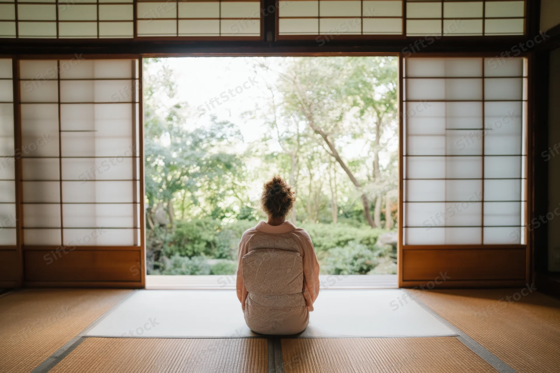 Woman in kimono kneeling on tatami mats facing a garden through shoji screens