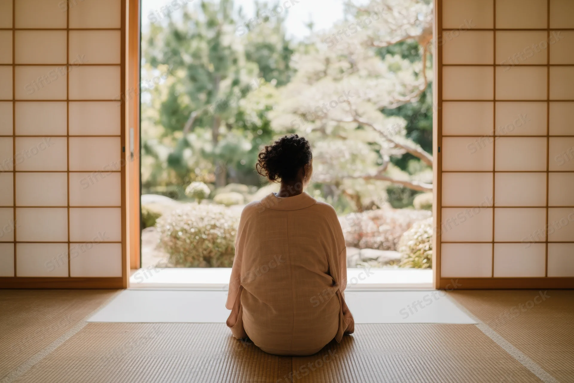 Woman in kimono kneeling on tatami mats facing a garden through sliding doors