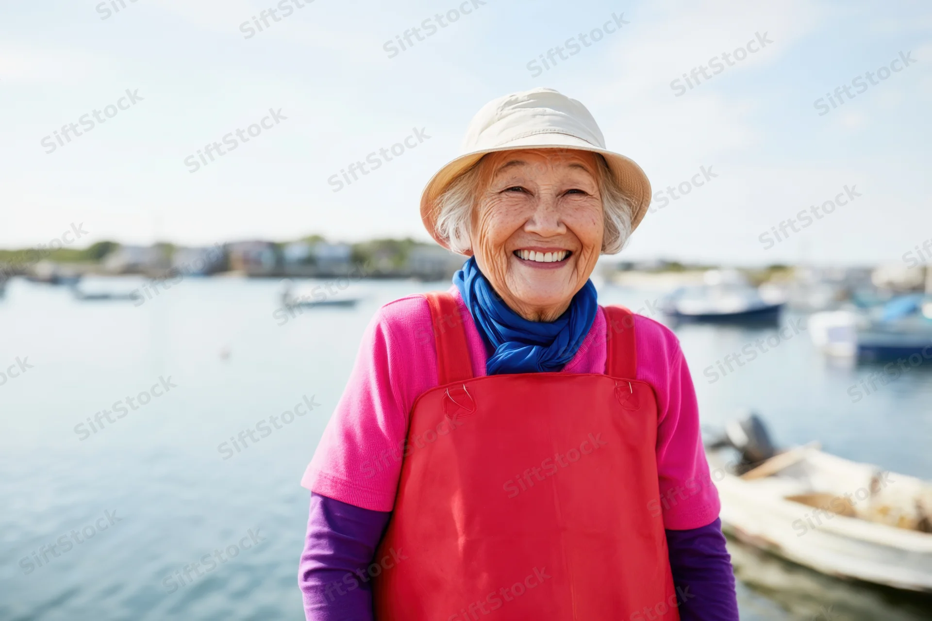 Smiling senior asian woman in red apron and hat standing by harbor water with boats in background
