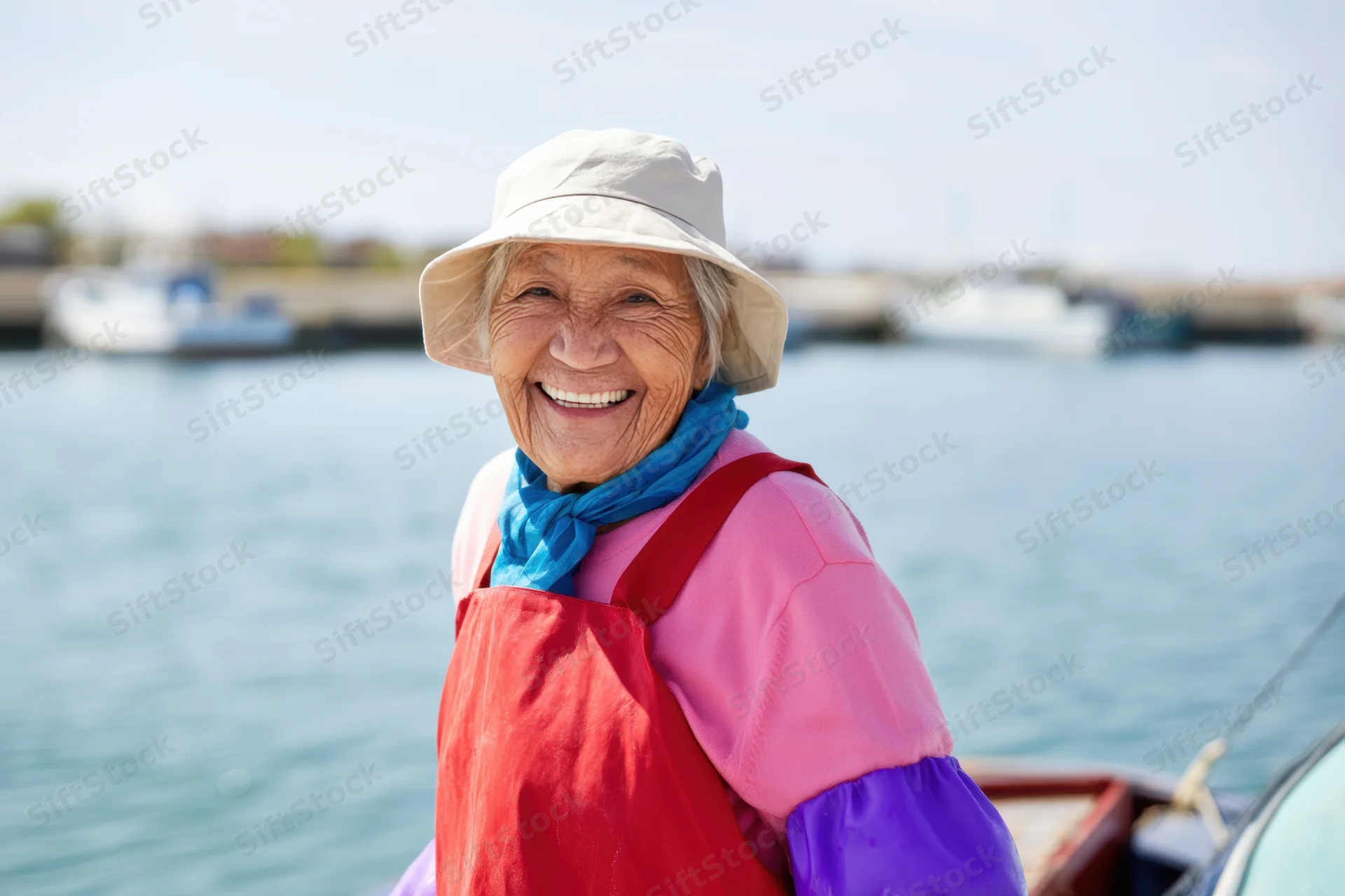 Smiling senior asian woman in red apron and hat standing by boat at harbor