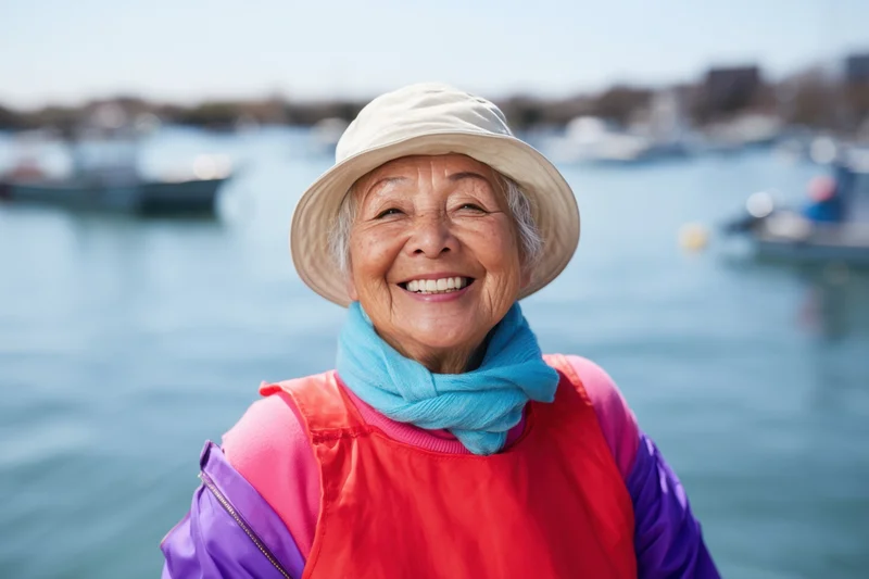 Smiling senior asian woman wearing hat and lifejacket by the water