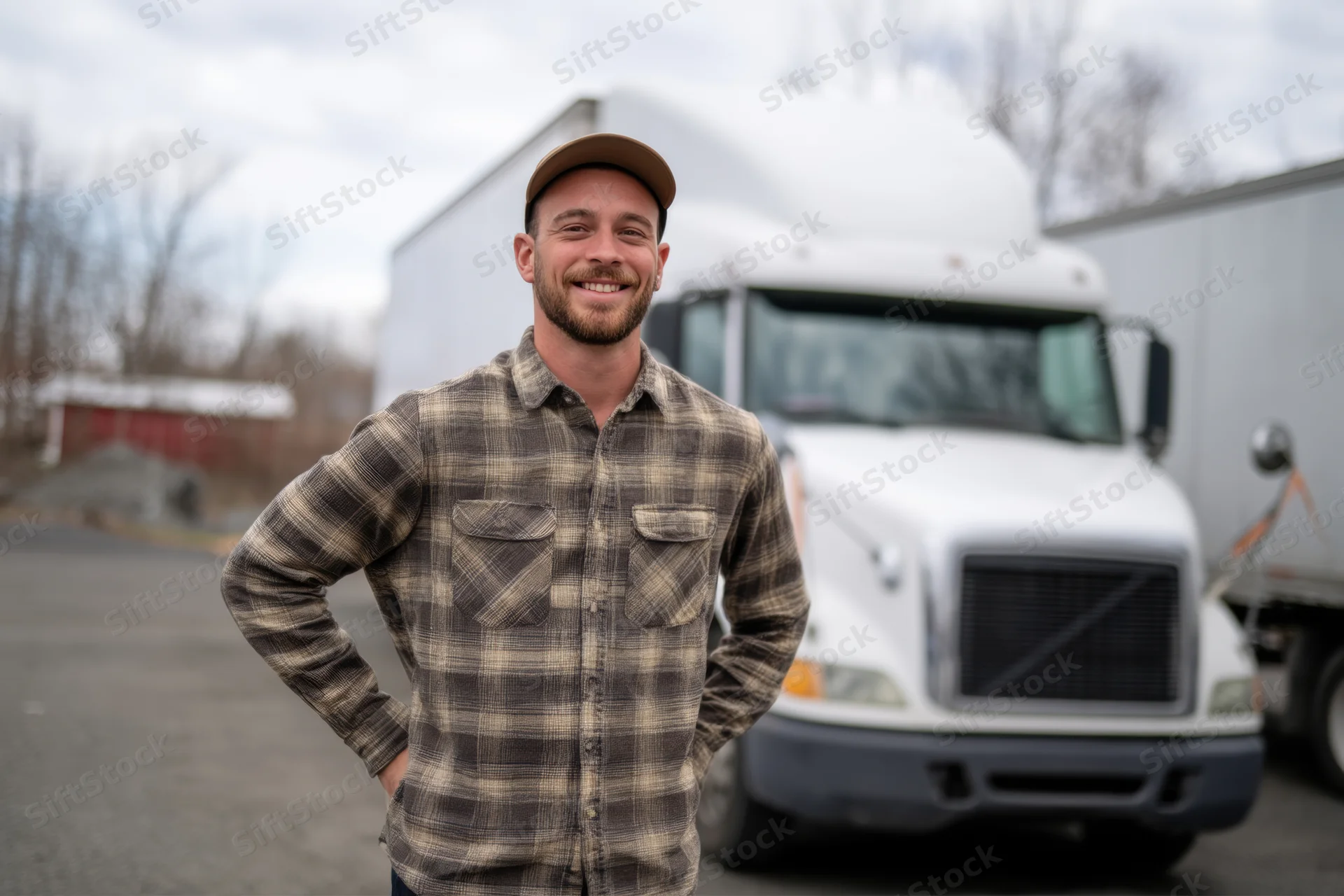 Smiling man in plaid shirt and cap standing with hands on hips in front of white truck at industrial site