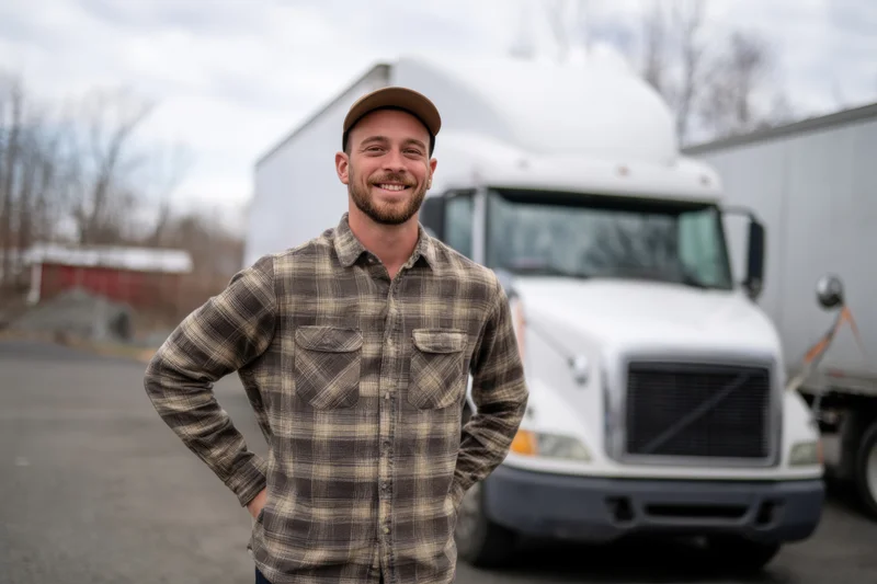 Smiling man in plaid shirt and cap standing with hands on hips in front of white truck at industrial site