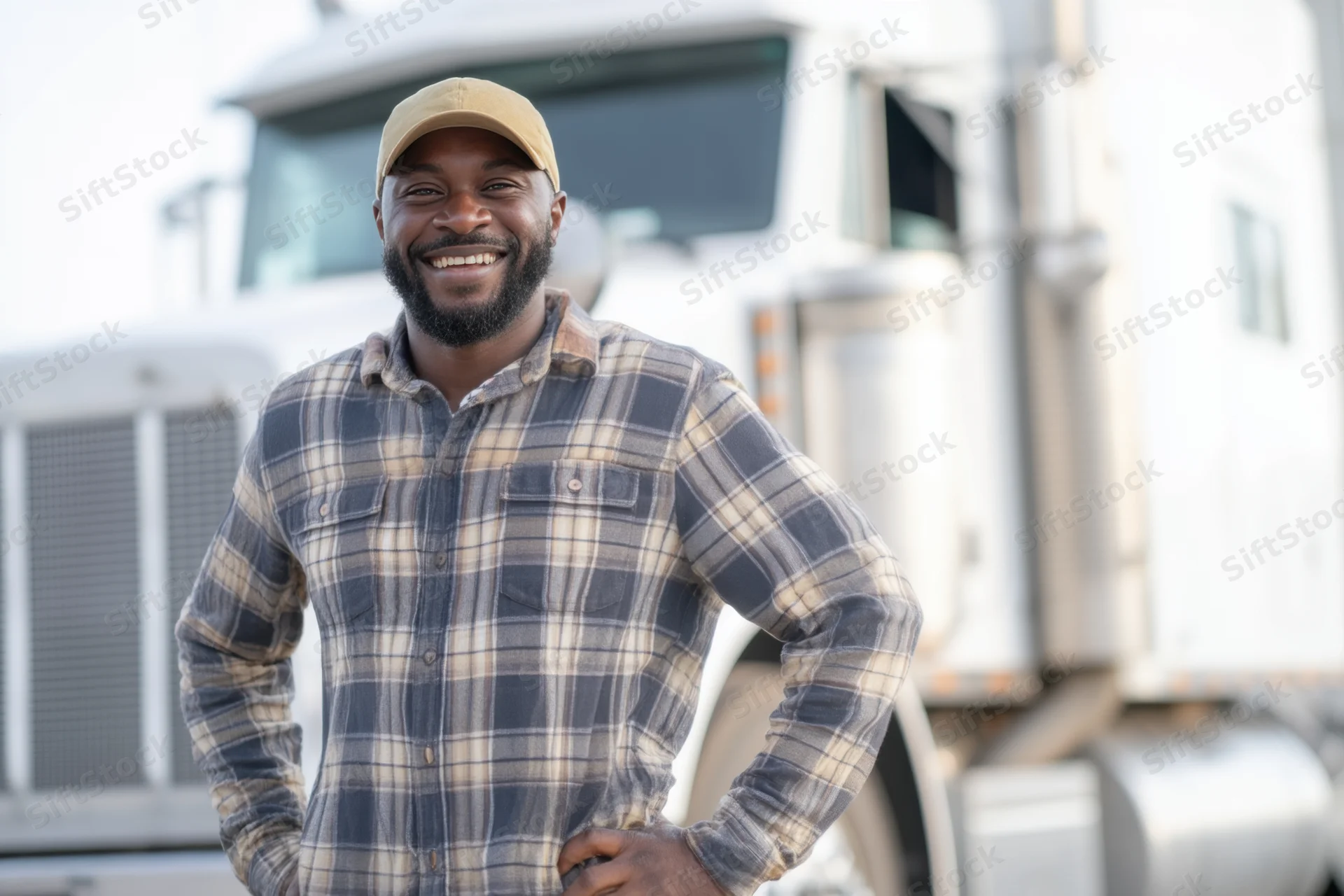 Smiling man in plaid shirt and cap standing with hands on hips in front of a semi truck