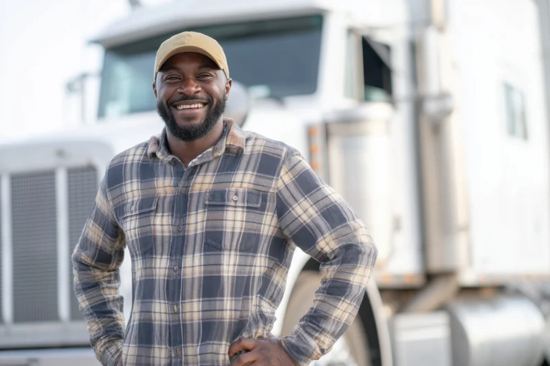 Smiling man in plaid shirt and cap standing with hands on hips in front of a semi truck