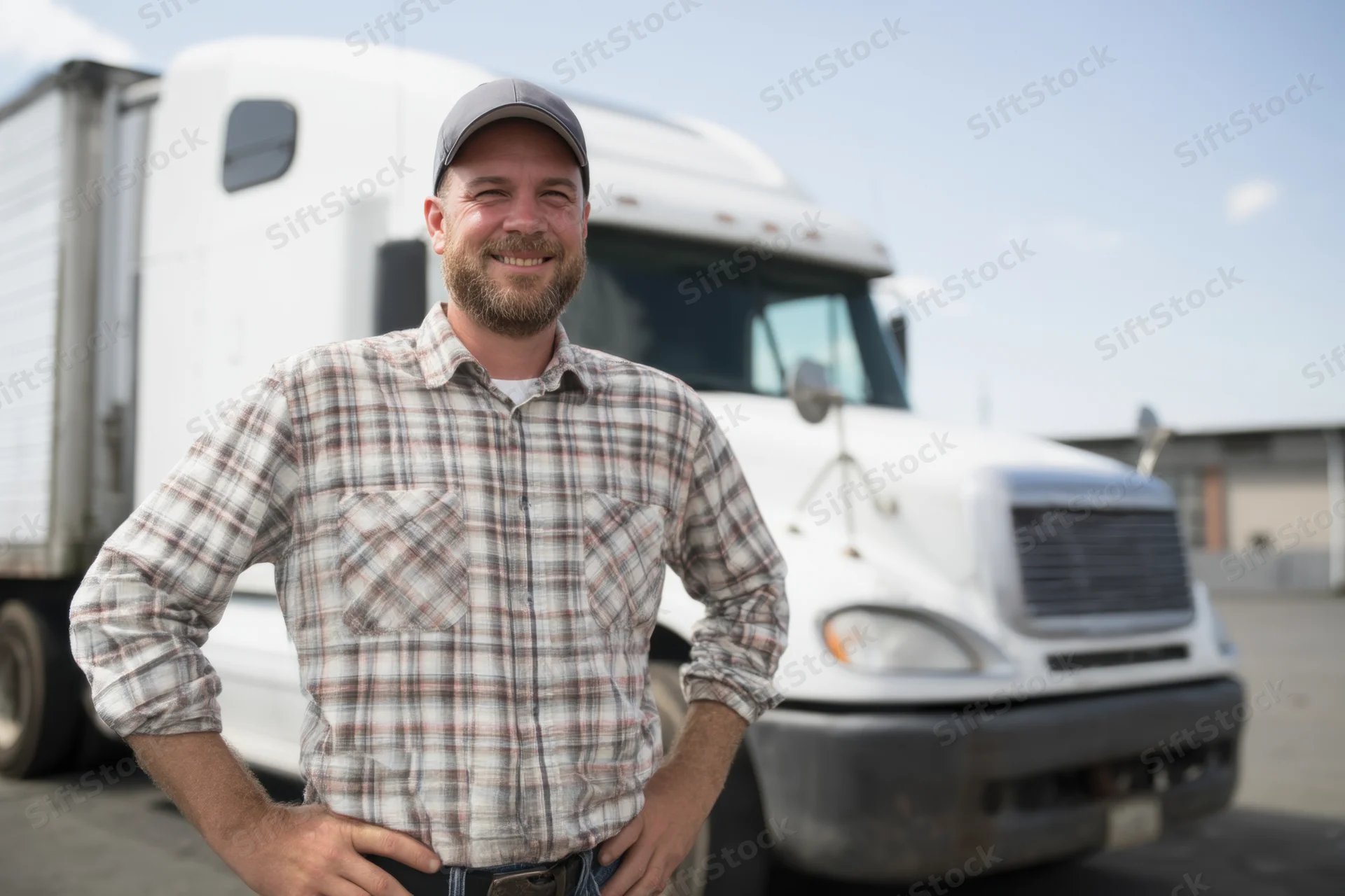 Smiling man in plaid shirt and cap standing with hands on hips in front of white semi-truck