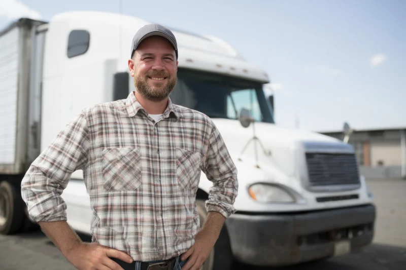 Smiling man in plaid shirt and cap standing with hands on hips in front of white semi-truck