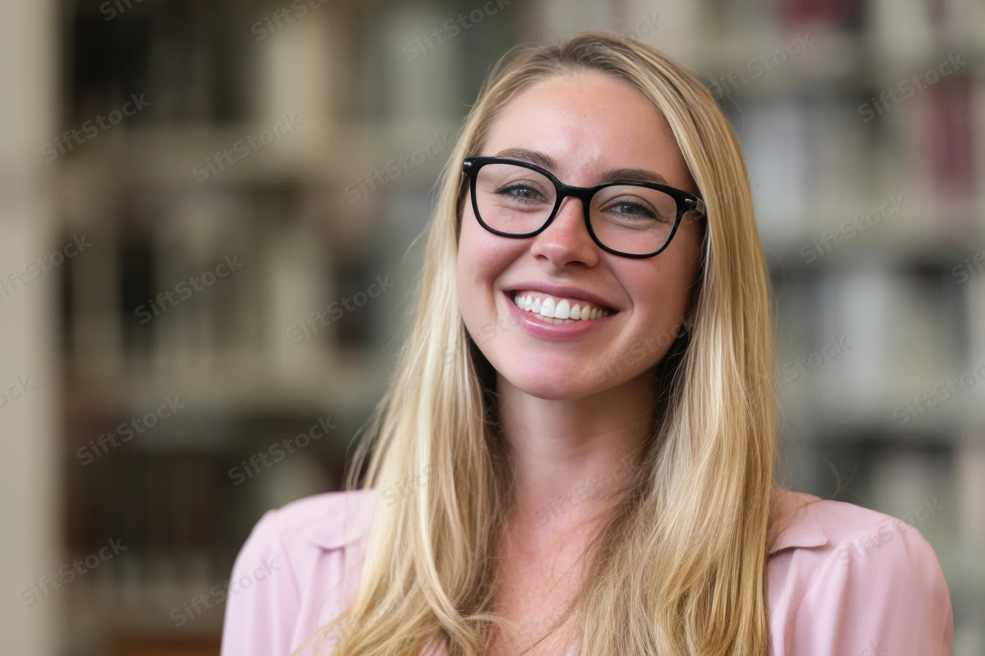Smiling blonde woman with black-framed glasses in a library setting wearing a pink shirt