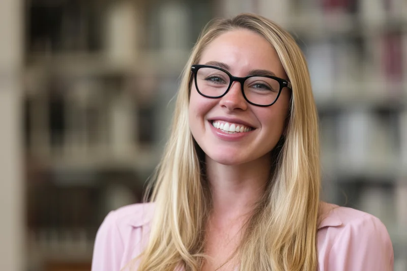 Smiling blonde woman with black-framed glasses in a library setting wearing a pink shirt