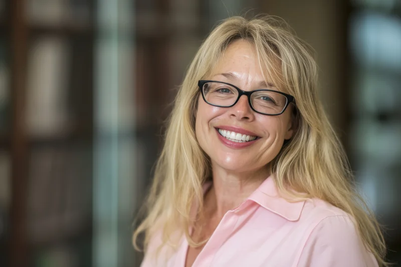 Smiling woman with long blonde hair and black-framed glasses wearing a pink shirt in an office setting