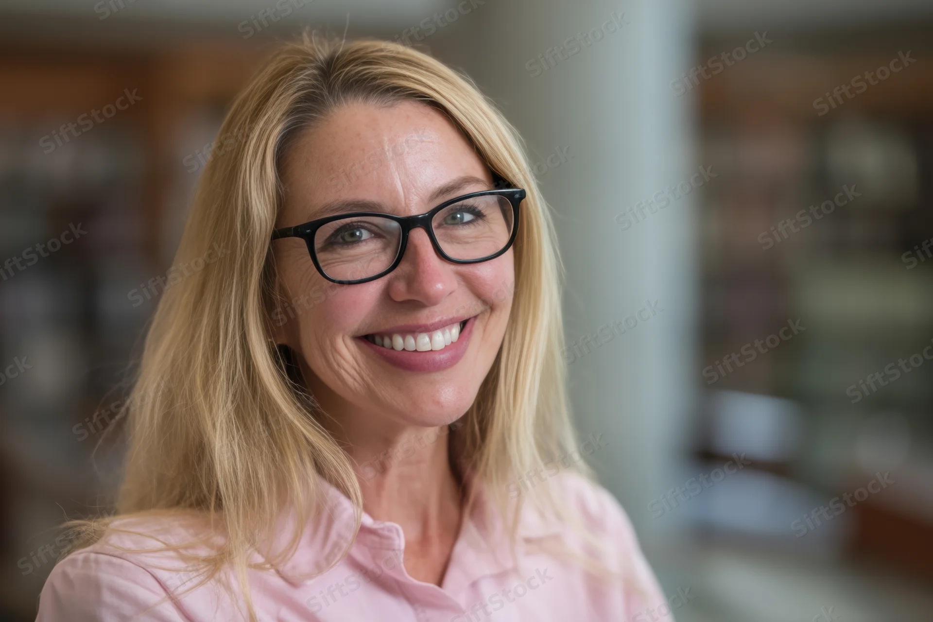 Smiling woman with long blonde hair and black-framed glasses in a pink shirt indoors
