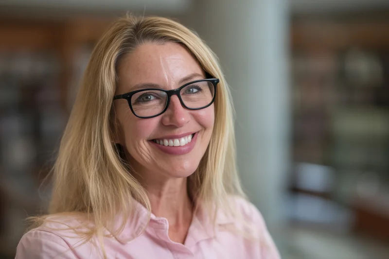 Smiling woman with long blonde hair and black-framed glasses in a pink shirt indoors