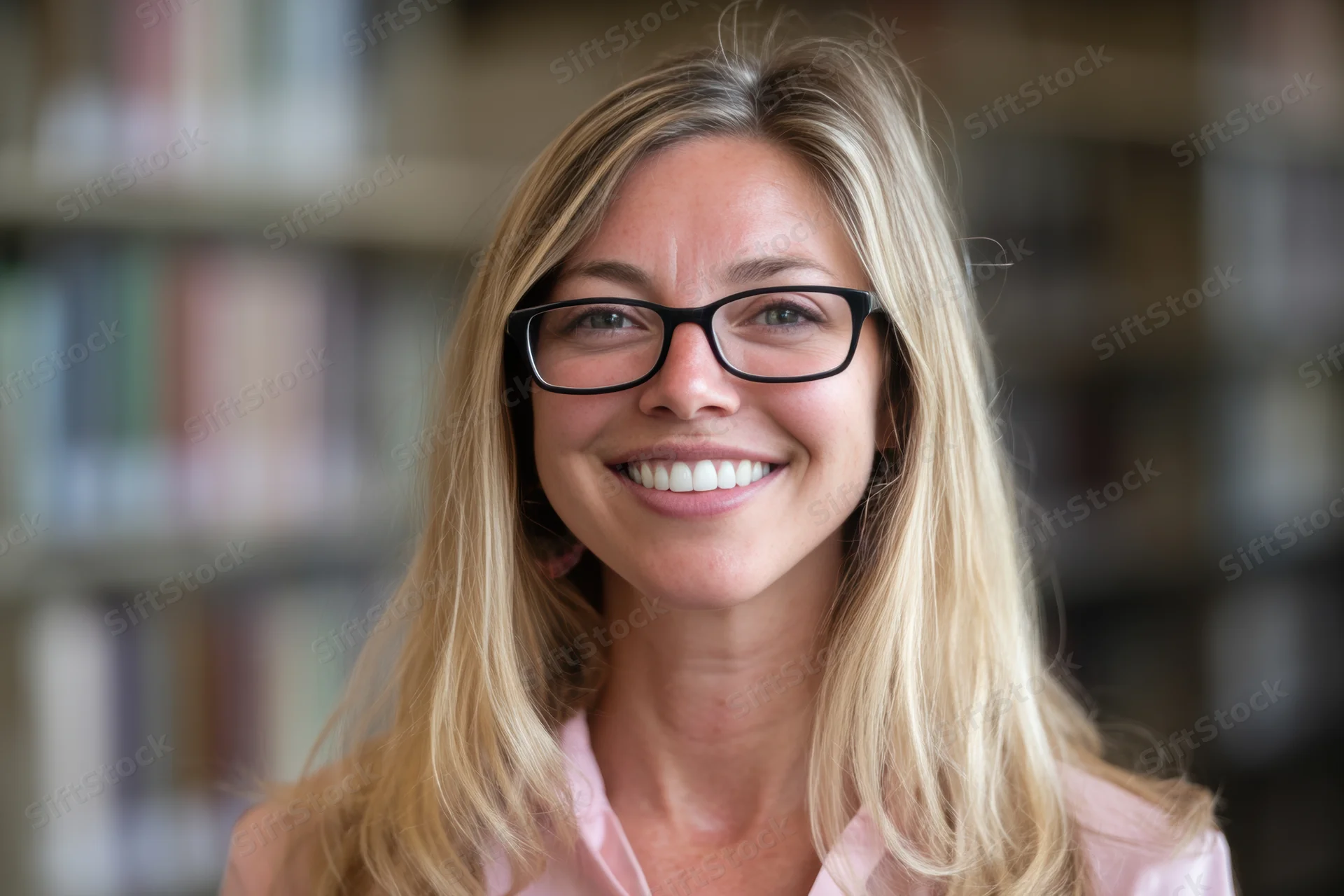 Smiling woman with long blonde hair and black-framed glasses in a library setting