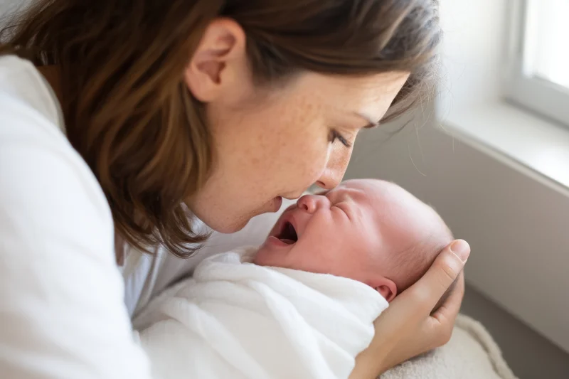 Mother cradling newborn baby wrapped in white blanket indoors