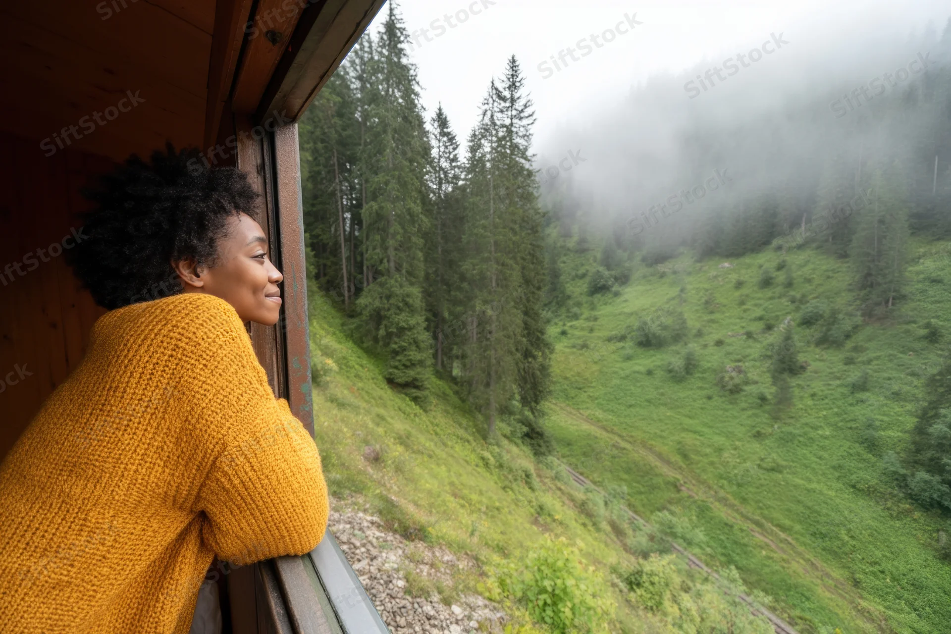 Woman leaning out of wooden train carriage window looking at foggy forested mountainside