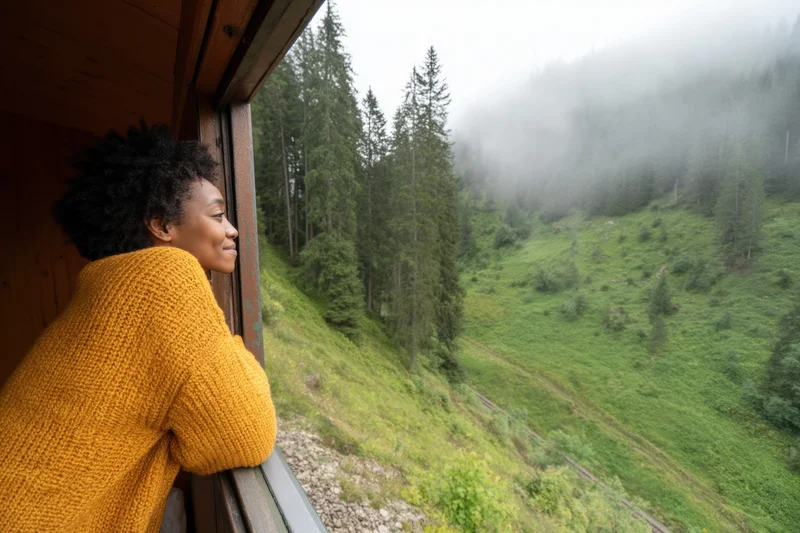 Woman leaning out of wooden train carriage window looking at foggy forested mountainside