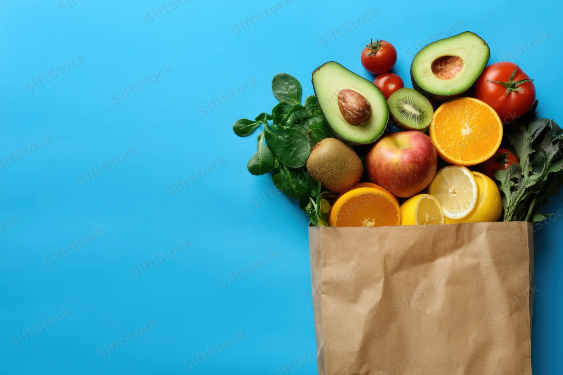Fresh produce spilling from a brown paper bag on blue background