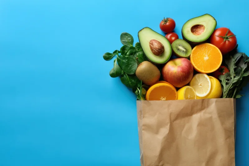 Fresh produce spilling from a brown paper bag on blue background