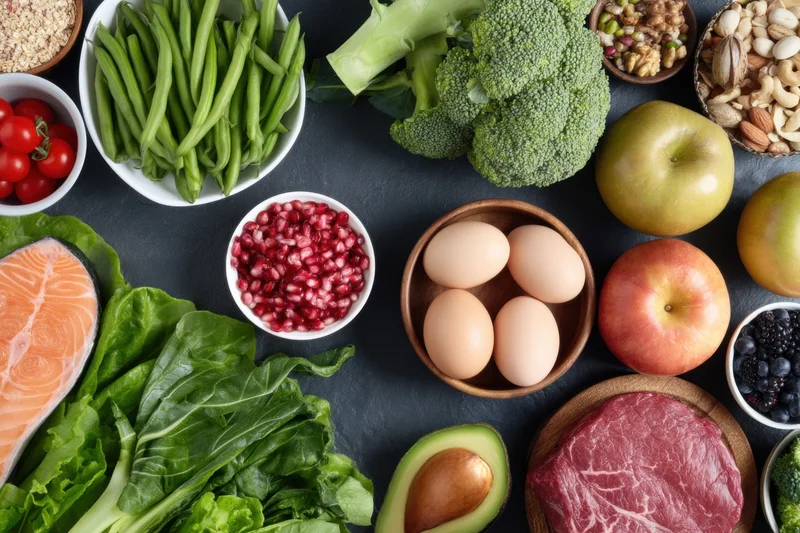 Top-down arrangement of fresh vegetables, fruits, proteins and grains on dark surface