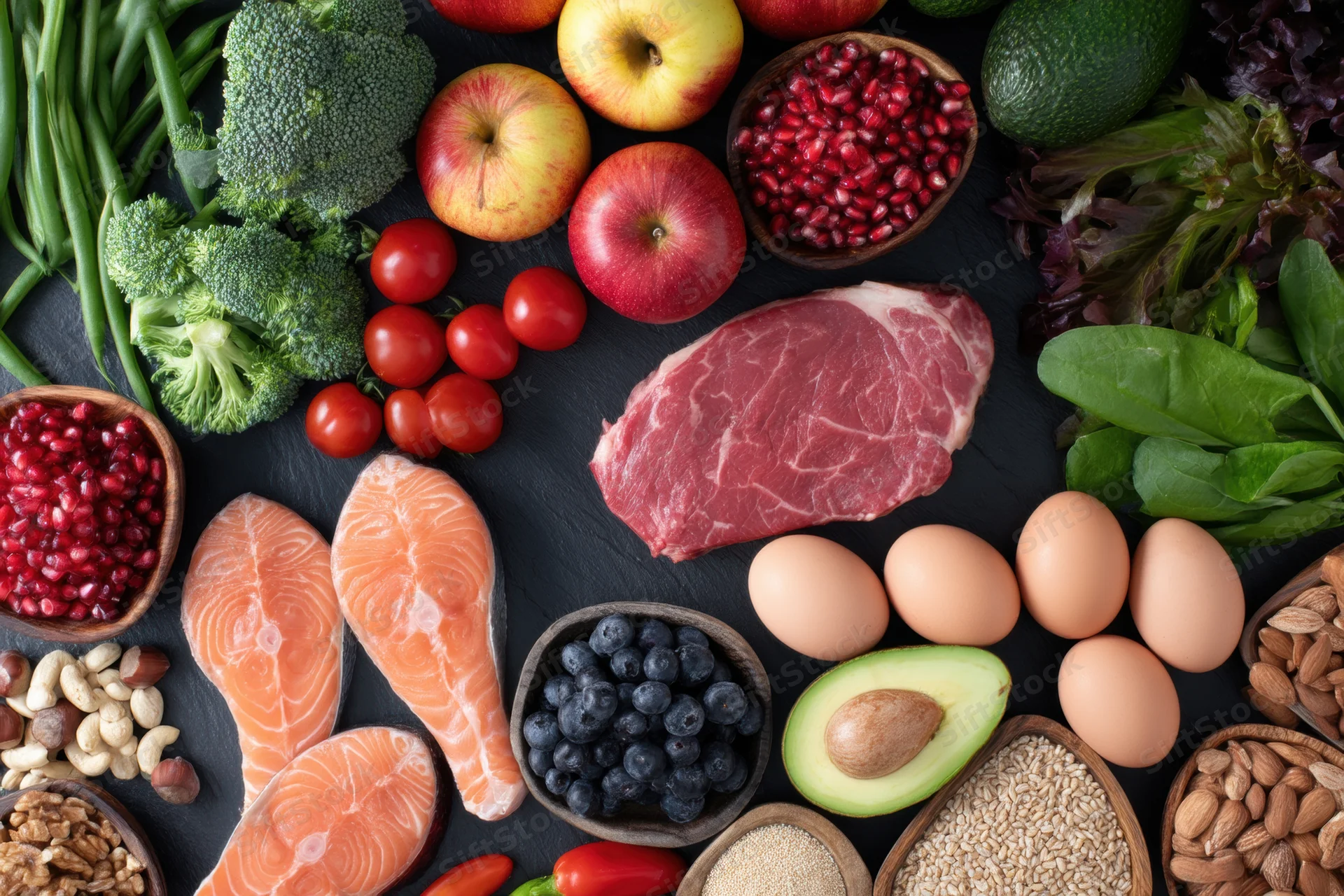 Top-down arrangement of fresh groceries including salmon, meat, eggs, vegetables and fruits on dark surface