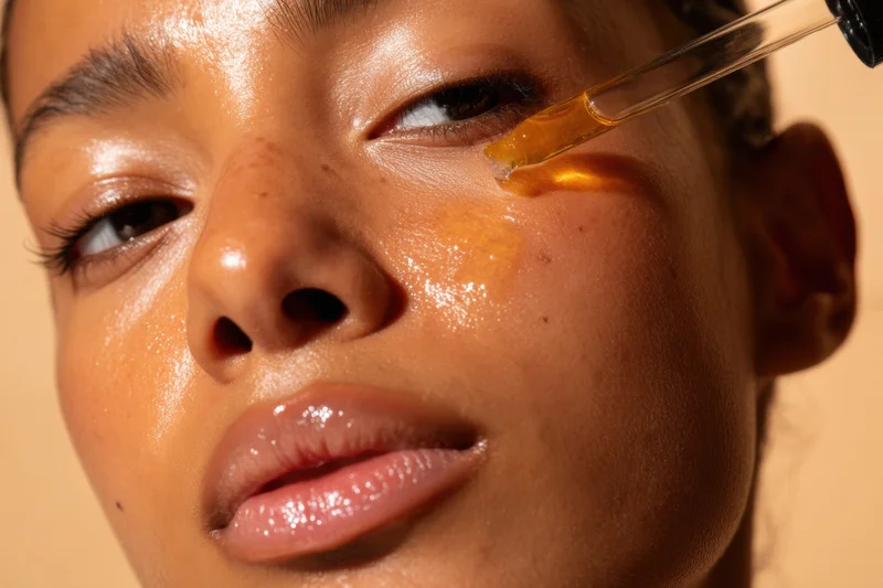 Young woman receiving facial oil treatment with dropper on cheek