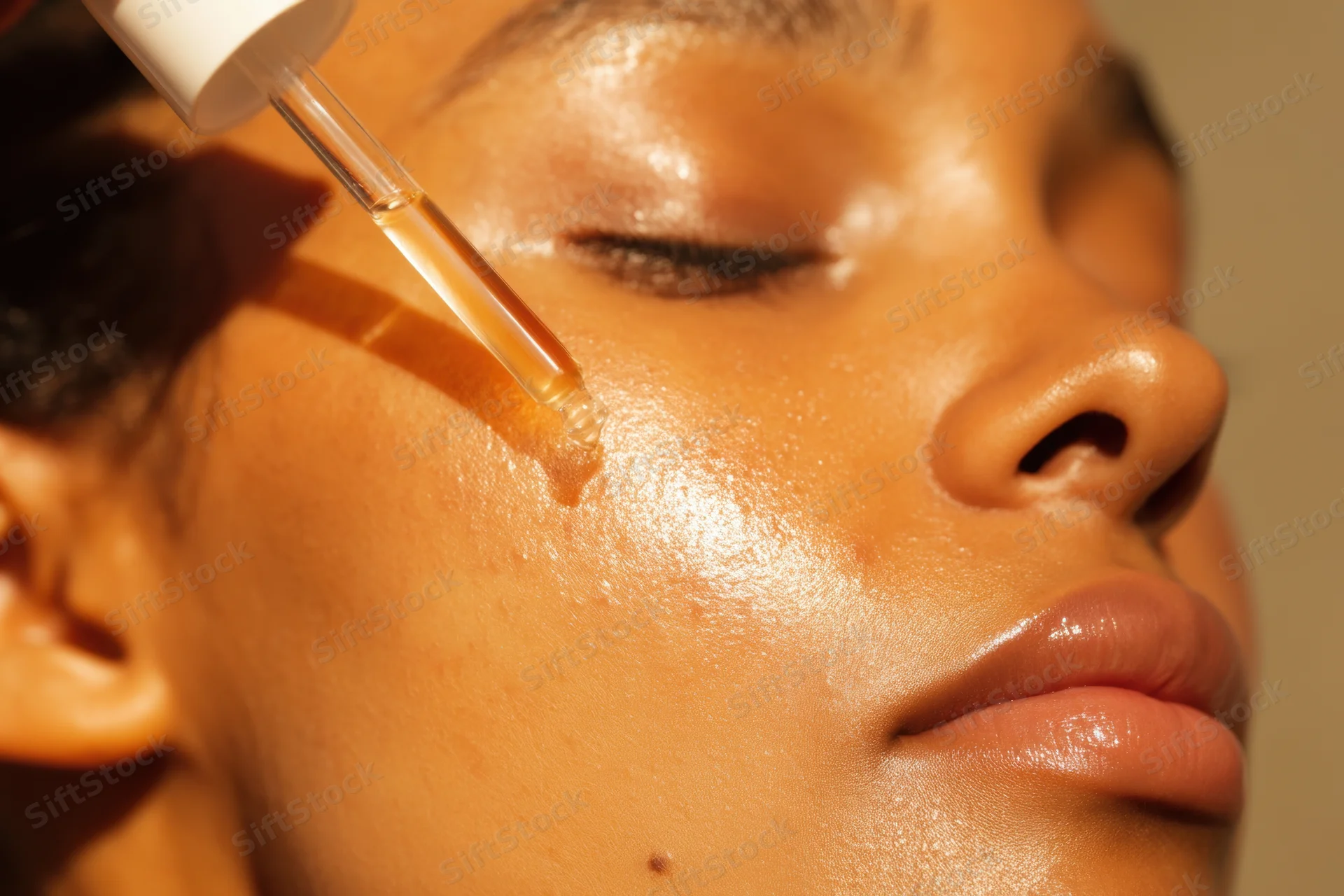 Young woman receiving facial serum application with dropper on her face