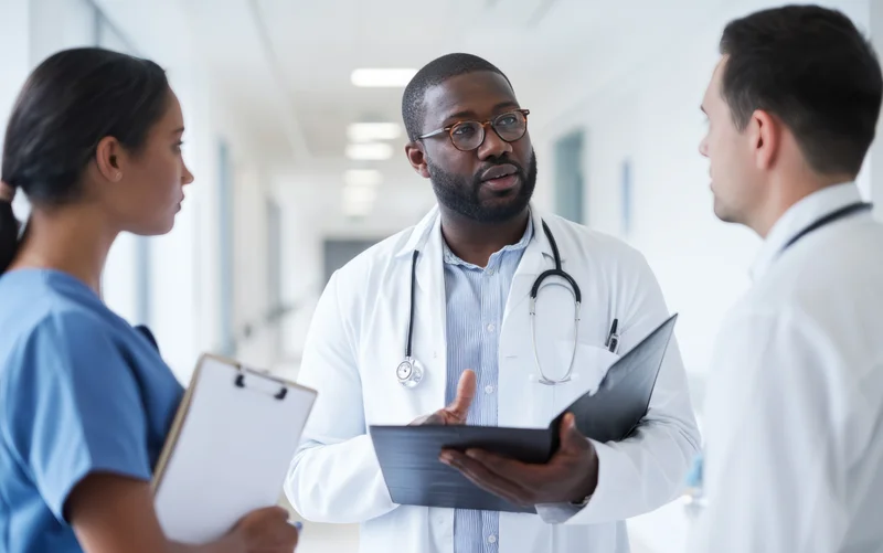 Black male doctor in white coat discussing patient case with nurse and colleague in hospital corridor
