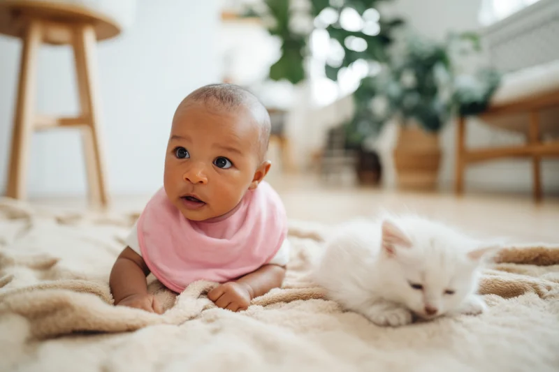 Baby in pink bib lying on beige blanket beside white kitten in living room